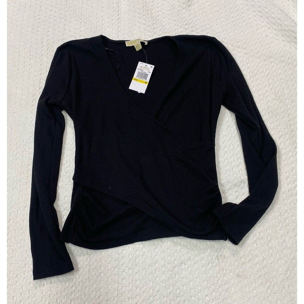 Michael Kors Black Long Sleeve Wrap Top V Neck Size Medium NWT